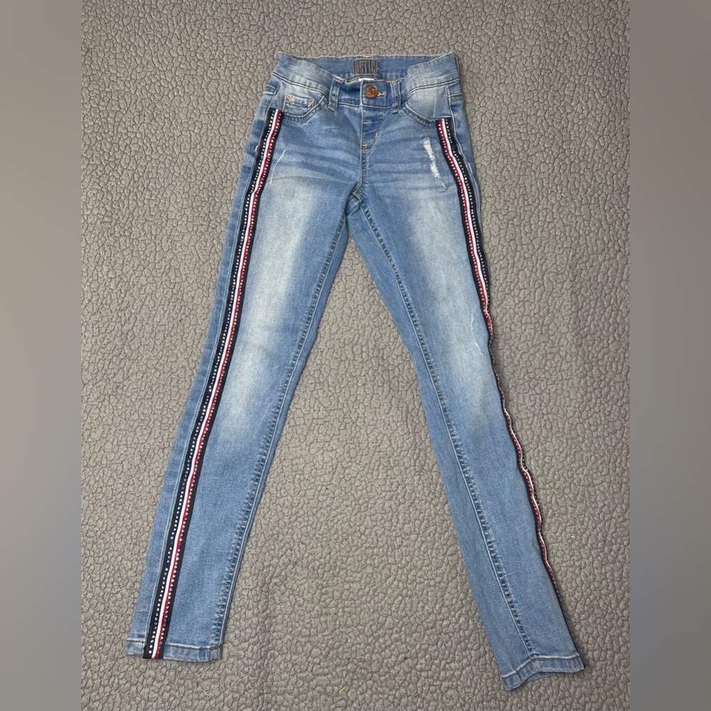 Justice Slim Mid Rise Jeggings Girls Size 10 With Strips And Rhinestones